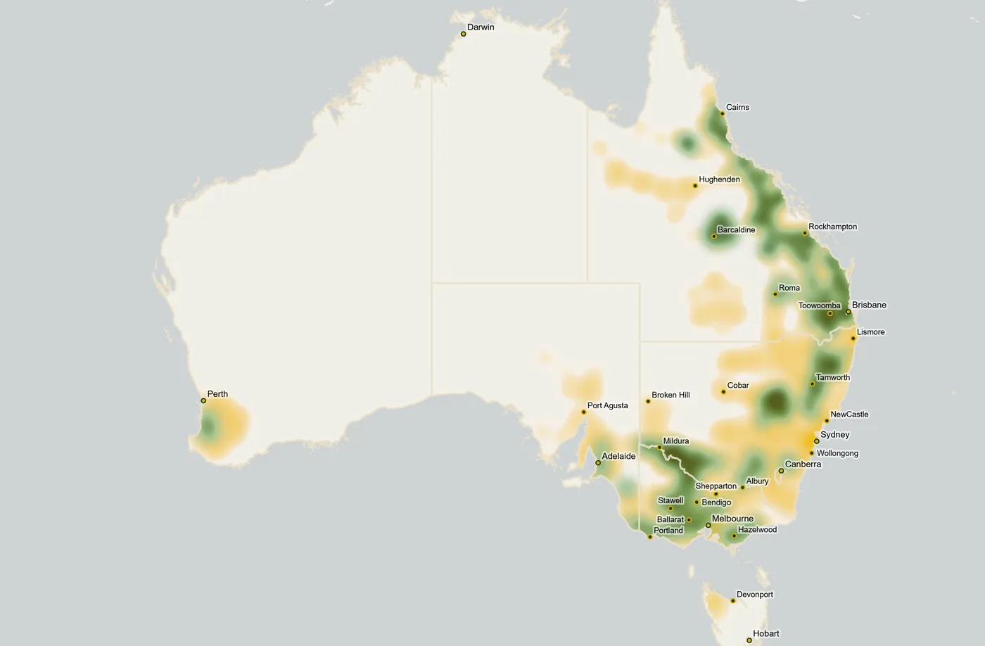 Heatmap of coverage density across Australia, concentrated on the eastern seaboard and Perth.
